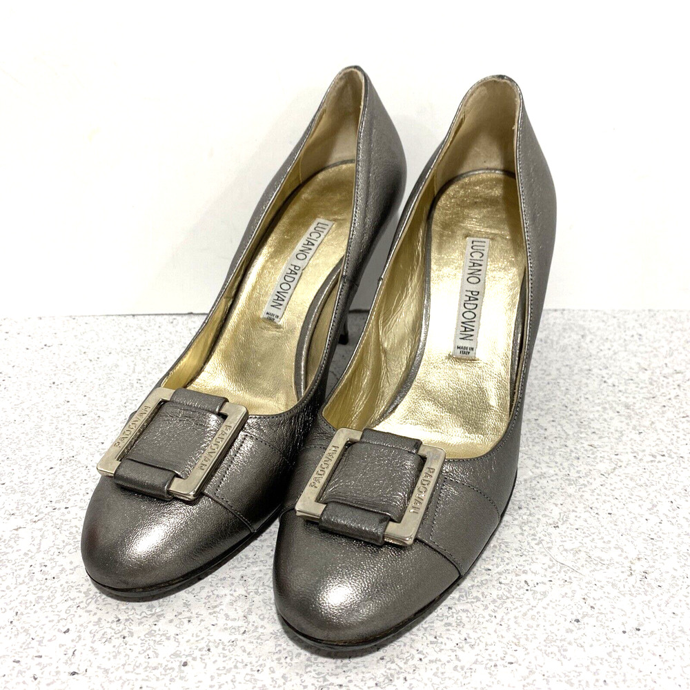 Luciano Padovan pewter gray leather heels pumps buckle logo detail EU 38 Italian